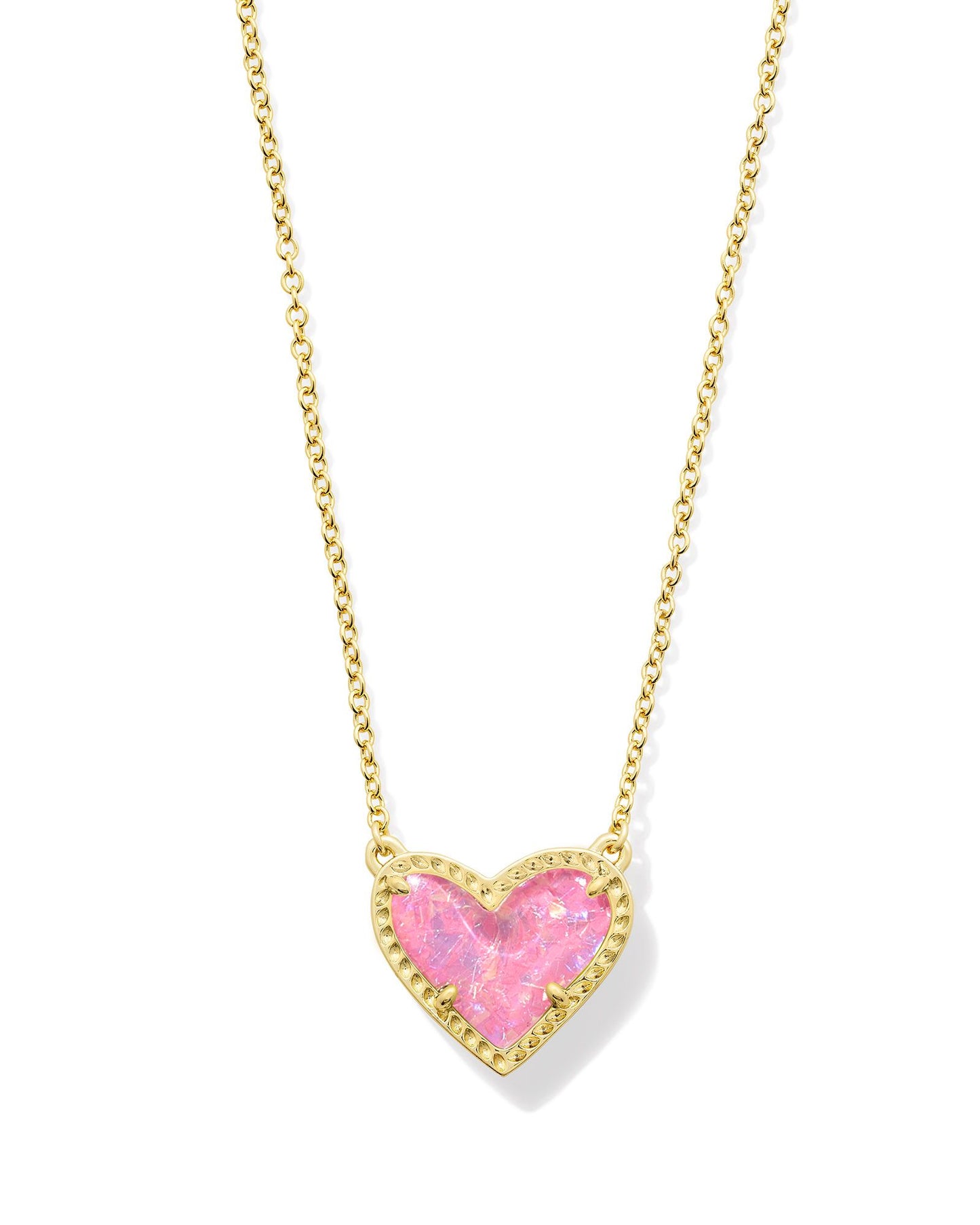 Kendra Scott Ari Heart Gold Short Pendant Necklace in Pink Iridescent Glitter Glass
