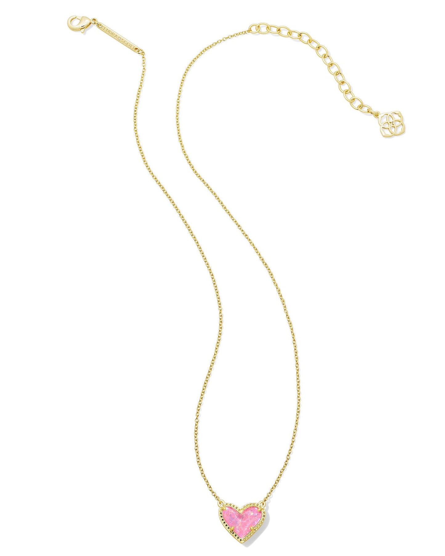 Kendra Scott Ari Heart Gold Short Pendant Necklace in Pink Iridescent Glitter Glass