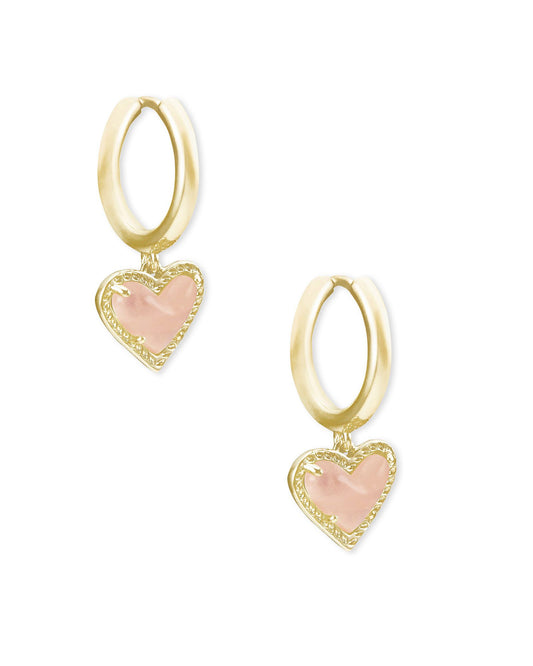 Kendra Scott Ari Heart Huggies in Gold Rose Quartz